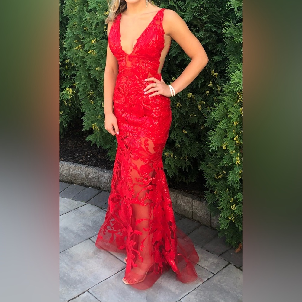 Jovani Red lace V-neck Gown